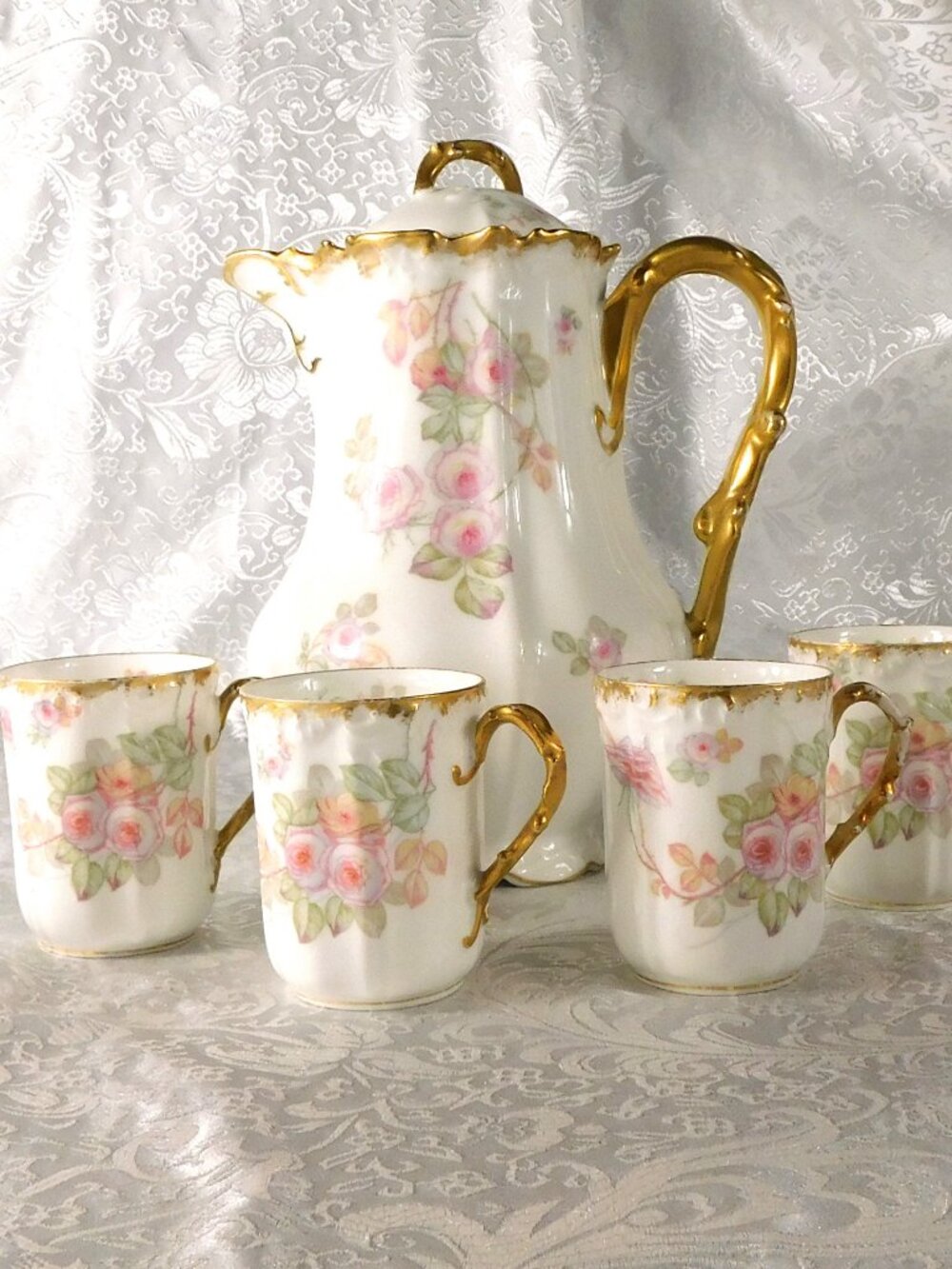 Limoges Pink Floral Chocolate Pot with Four Matching Cups # 27213